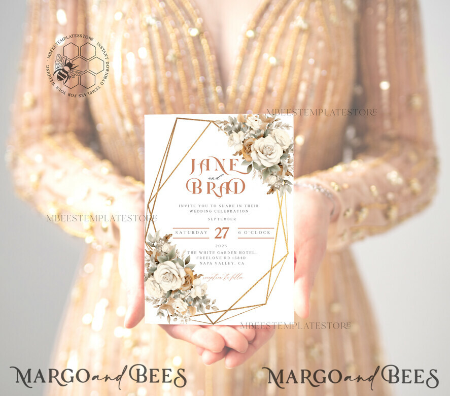 TEMPLETT wedding invitation download Boho Flower Vintage wedding Invitations Set Template, Instant Download Printable Invites Home Printing, Simple Wedding Cards