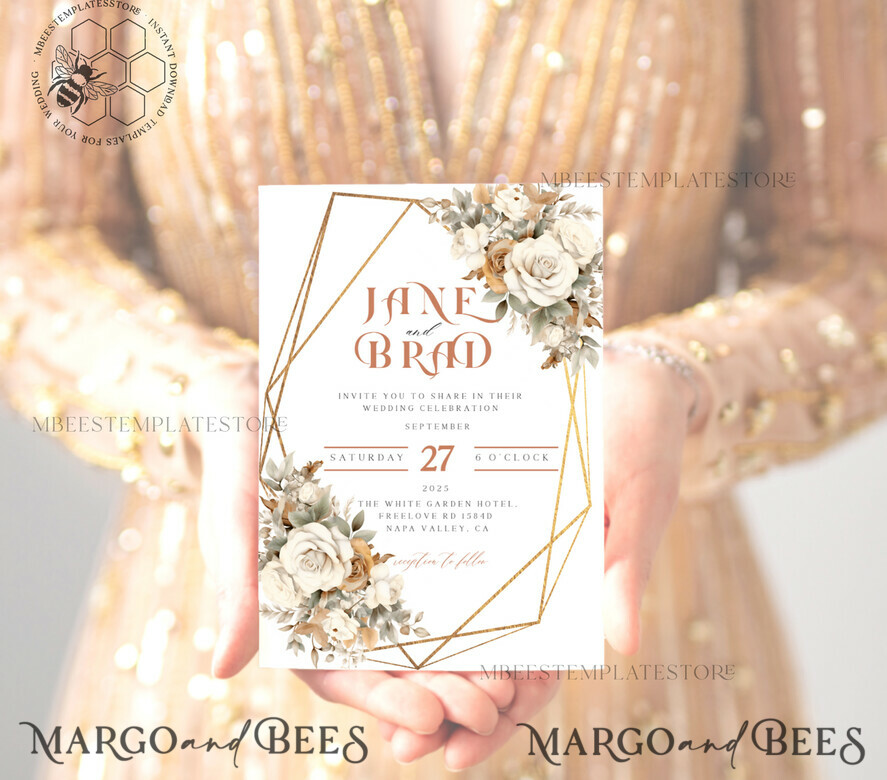TEMPLETT wedding invitation download Boho Flower Vintage wedding Invitations Set Template, Instant Download Printable Invites Home Printing, Simple Wedding Cards