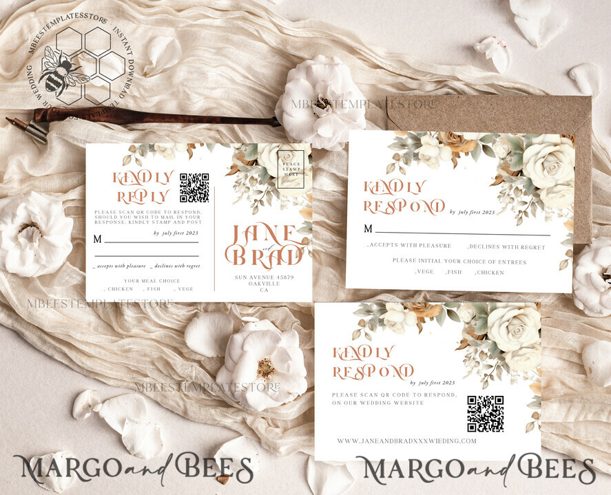 TEMPLETT wedding invitation download Boho Flower Vintage wedding Invitations Set Template, Instant Download Printable Invites Home Printing, Simple Wedding Cards