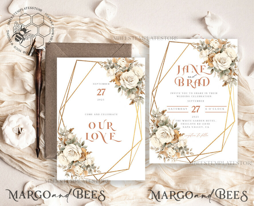 TEMPLETT wedding invitation download Boho Flower Vintage wedding Invitations Set Template, Instant Download Printable Invites Home Printing, Simple Wedding Cards