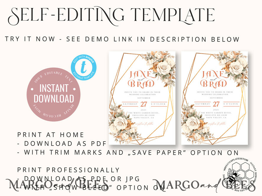 TEMPLETT wedding invitation download Boho Flower Vintage wedding Invitations Set Template, Instant Download Printable Invites Home Printing, Simple Wedding Cards