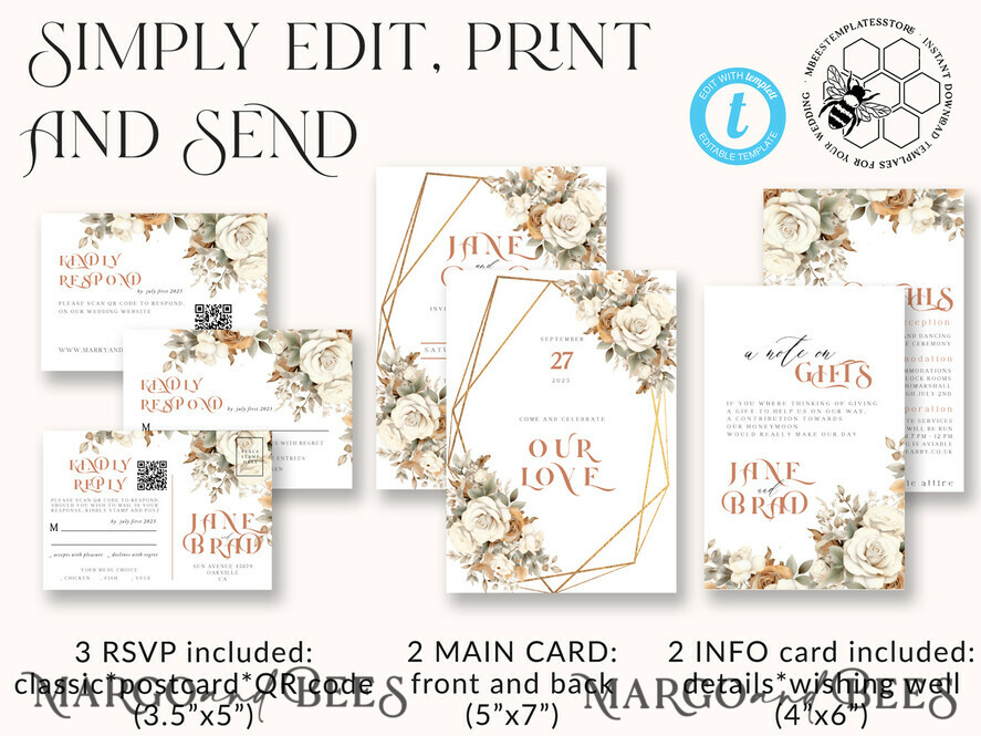TEMPLETT wedding invitation download Boho Flower Vintage wedding Invitations Set Template, Instant Download Printable Invites Home Printing, Simple Wedding Cards