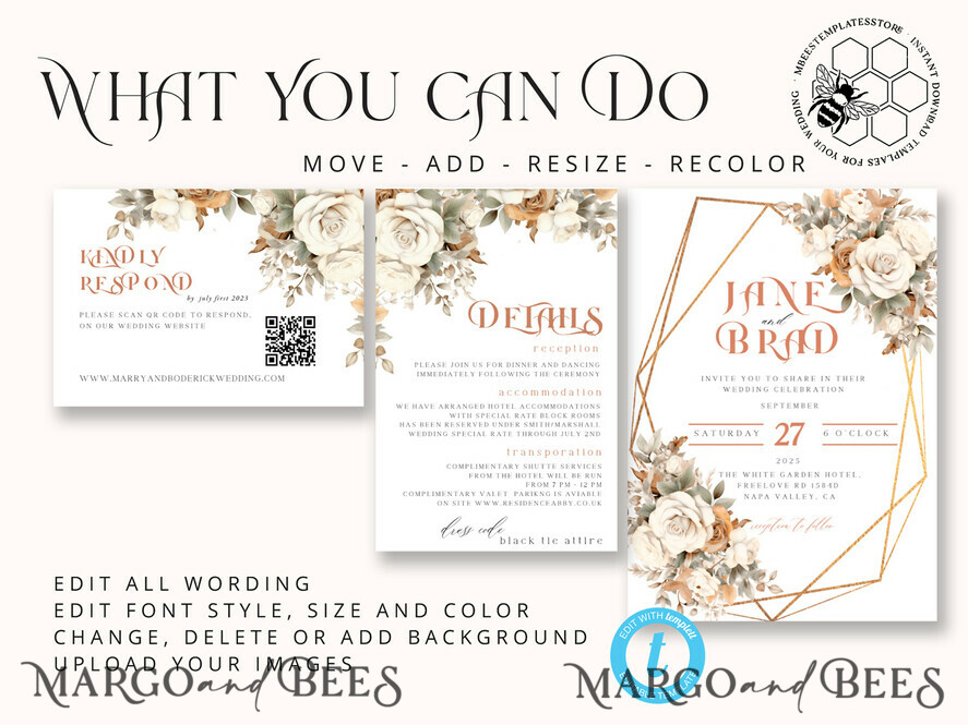 TEMPLETT wedding invitation download Boho Flower Vintage wedding Invitations Set Template, Instant Download Printable Invites Home Printing, Simple Wedding Cards
