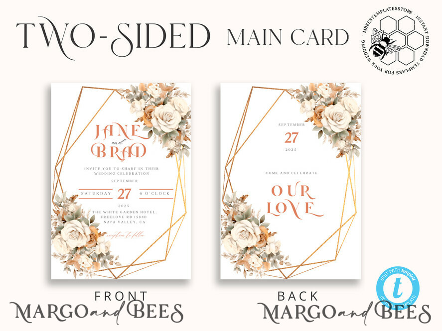 TEMPLETT wedding invitation download Boho Flower Vintage wedding Invitations Set Template, Instant Download Printable Invites Home Printing, Simple Wedding Cards