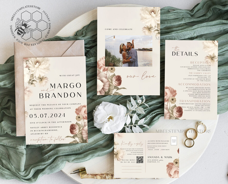 TEMPLETT wedding invitation download Boho Roses wedding Invitations Set Template, Instant Download Printable Invites Home Printing, Simple Cards