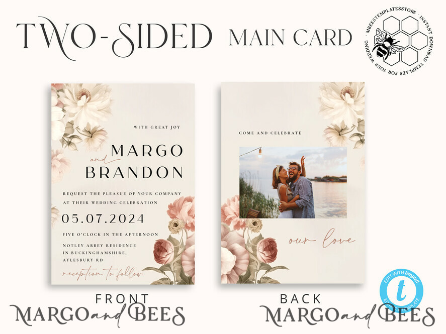 TEMPLETT wedding invitation download Boho Roses wedding Invitations Set Template, Instant Download Printable Invites Home Printing, Simple Cards