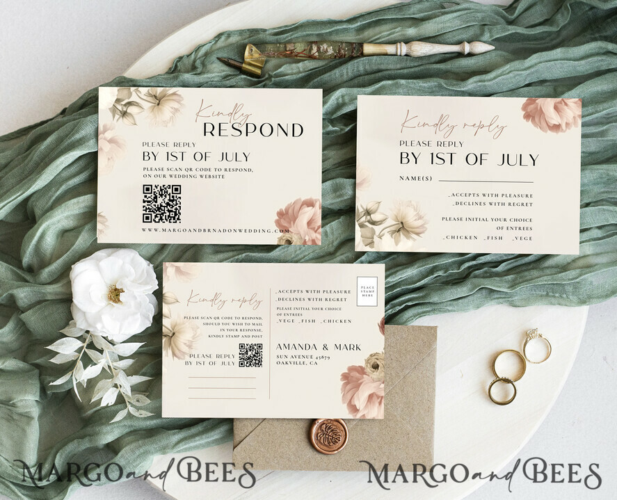 TEMPLETT wedding invitation download Boho Roses wedding Invitations Set Template, Instant Download Printable Invites Home Printing, Simple Cards