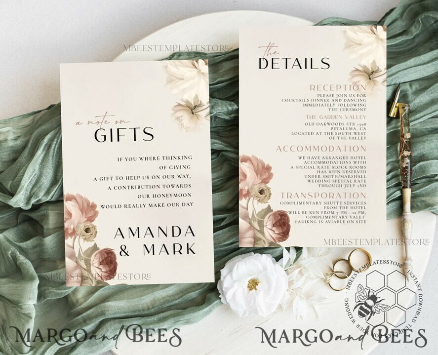 TEMPLETT wedding invitation download Boho Roses wedding Invitations Set Template, Instant Download Printable Invites Home Printing, Simple Cards