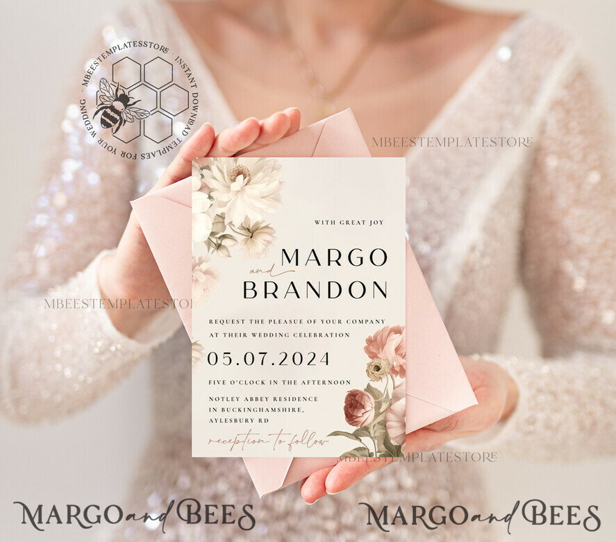 TEMPLETT wedding invitation download Boho Roses wedding Invitations Set Template, Instant Download Printable Invites Home Printing, Simple Cards