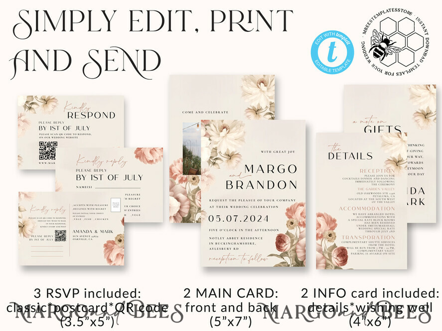 TEMPLETT wedding invitation download Boho Roses wedding Invitations Set Template, Instant Download Printable Invites Home Printing, Simple Cards