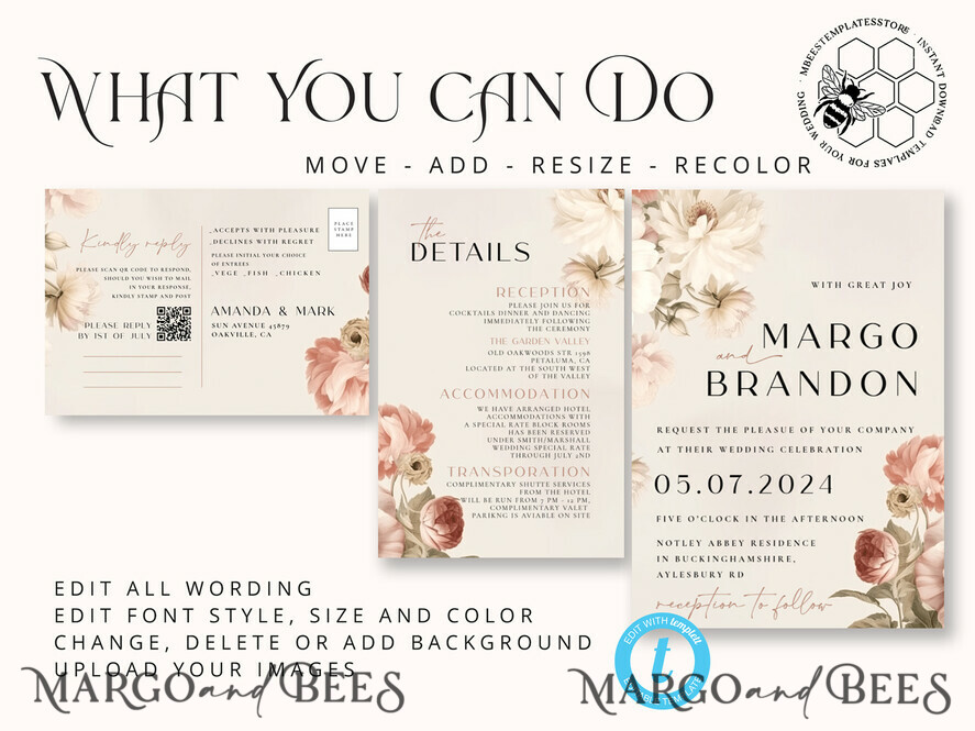 TEMPLETT wedding invitation download Boho Roses wedding Invitations Set Template, Instant Download Printable Invites Home Printing, Simple Cards