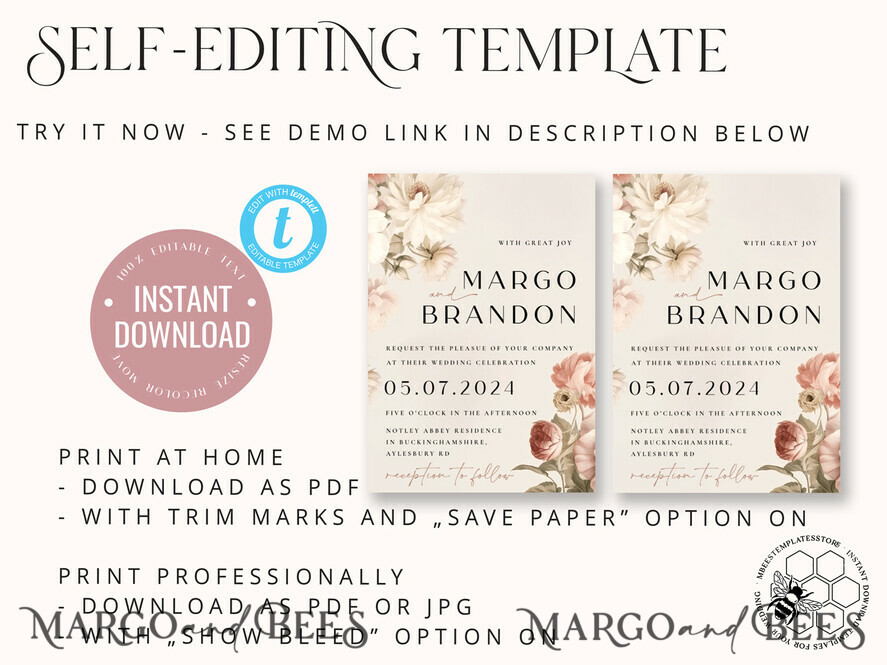 TEMPLETT wedding invitation download Boho Roses wedding Invitations Set Template, Instant Download Printable Invites Home Printing, Simple Cards