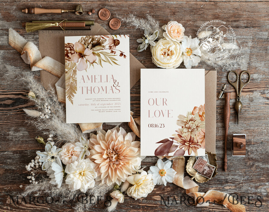TEMPLETT wedding invitation download Rustic Ivory wedding Invitations Set and Electronic Wedding Invitation Template, Instant Download Printable Invites Home Printing, Simple Boho Wedding Invitation Card Set