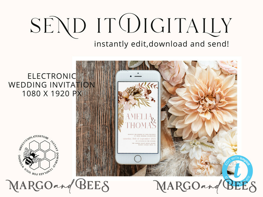 TEMPLETT wedding invitation download Rustic Ivory wedding Invitations Set and Electronic Wedding Invitation Template, Instant Download Printable Invites Home Printing, Simple Boho Wedding Invitation Card Set