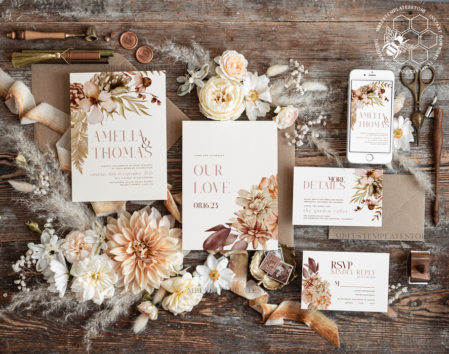 TEMPLETT wedding invitation download Rustic Ivory wedding Invitations Set and Electronic Wedding Invitation Template, Instant Download Printable Invites Home Printing, Simple Boho Wedding Invitation Card Set