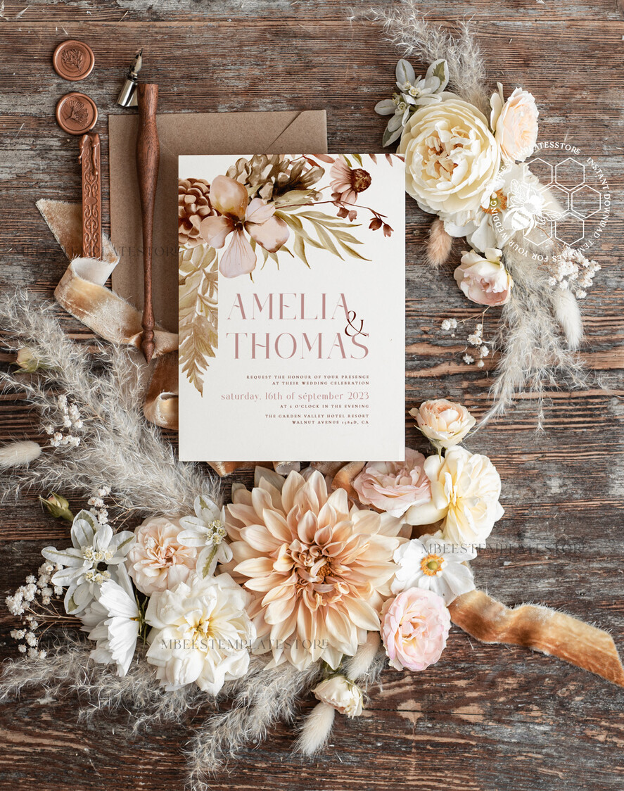 TEMPLETT wedding invitation download Rustic Ivory wedding Invitations Set and Electronic Wedding Invitation Template, Instant Download Printable Invites Home Printing, Simple Boho Wedding Invitation Card Set