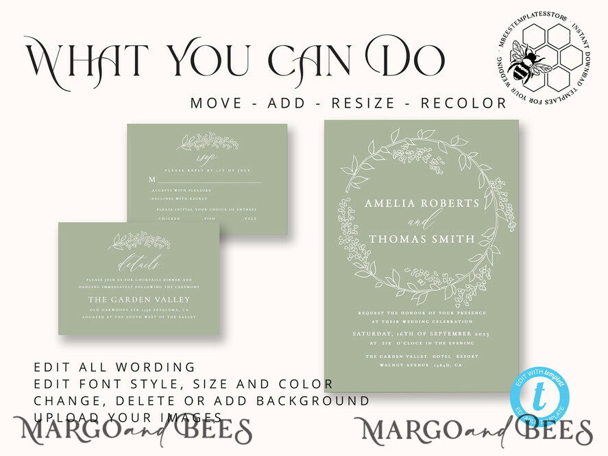 TEMPLETT wedding invitation download Boho Garden wedding Invitations Evite Set Template, Instant Download Printable Invites Home Printing, Sage Green Wedding Invitation Cards