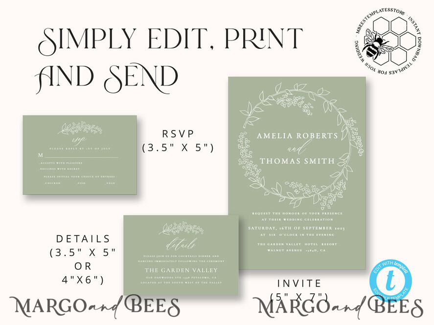 TEMPLETT wedding invitation download Boho Garden wedding Invitations Evite Set Template, Instant Download Printable Invites Home Printing, Sage Green Wedding Invitation Cards
