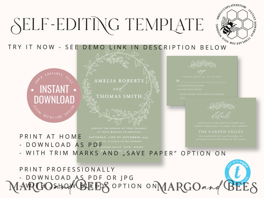 TEMPLETT wedding invitation download Boho Garden wedding Invitations Evite Set Template, Instant Download Printable Invites Home Printing, Sage Green Wedding Invitation Cards