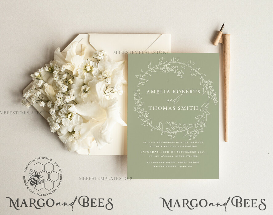 TEMPLETT wedding invitation download Boho Garden wedding Invitations Evite Set Template, Instant Download Printable Invites Home Printing, Sage Green Wedding Invitation Cards