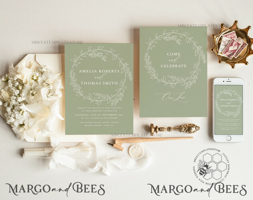 TEMPLETT wedding invitation download Boho Garden wedding Invitations Evite Set Template, Instant Download Printable Invites Home Printing, Sage Green Wedding Invitation Cards