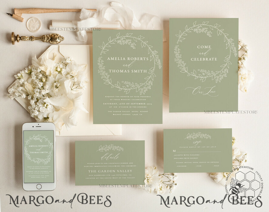 TEMPLETT wedding invitation download Boho Garden wedding Invitations Evite Set Template, Instant Download Printable Invites Home Printing, Sage Green Wedding Invitation Cards
