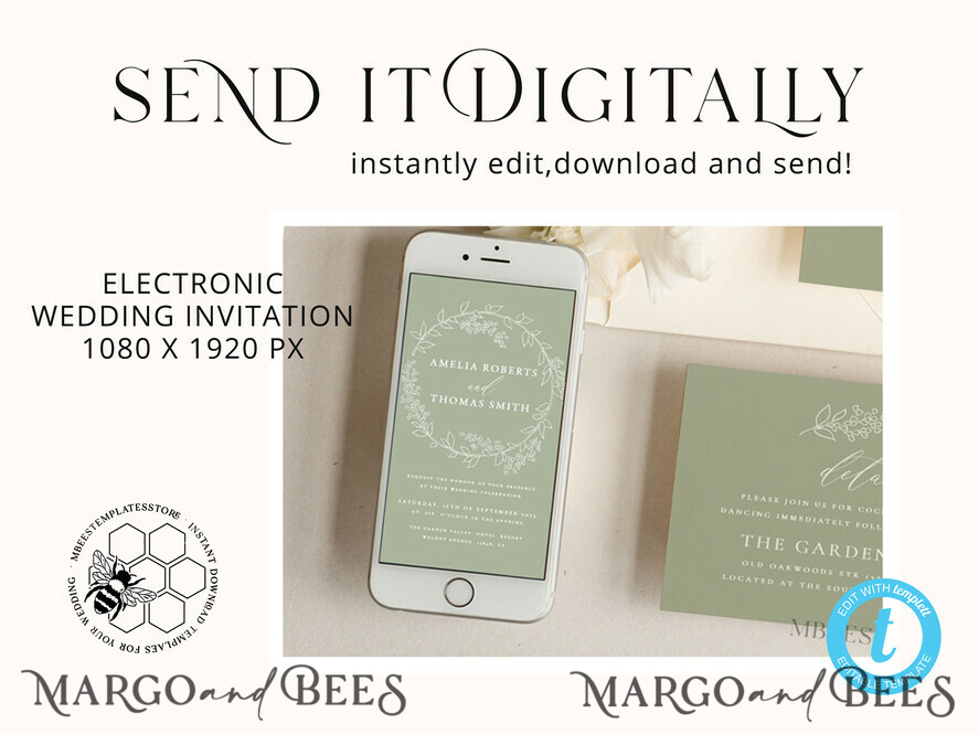 TEMPLETT wedding invitation download Boho Garden wedding Invitations Evite Set Template, Instant Download Printable Invites Home Printing, Sage Green Wedding Invitation Cards