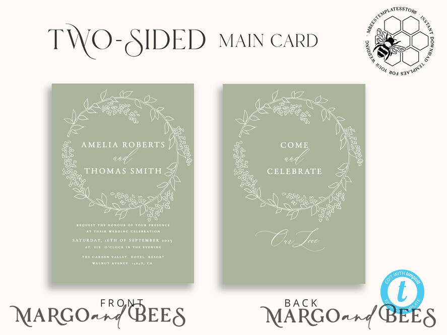 TEMPLETT wedding invitation download Boho Garden wedding Invitations Evite Set Template, Instant Download Printable Invites Home Printing, Sage Green Wedding Invitation Cards