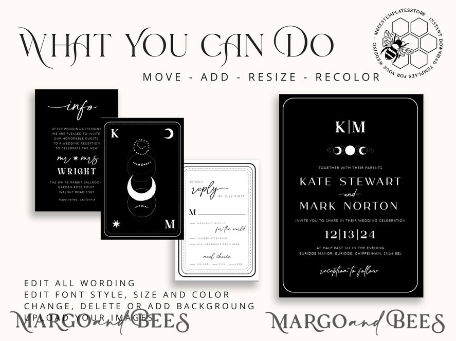 TEMPLETT wedding invitation download Black wedding invitation template, Instant download tarot Wedding Invites, Goth Wedding Invitation Printable Template, skeleton invites