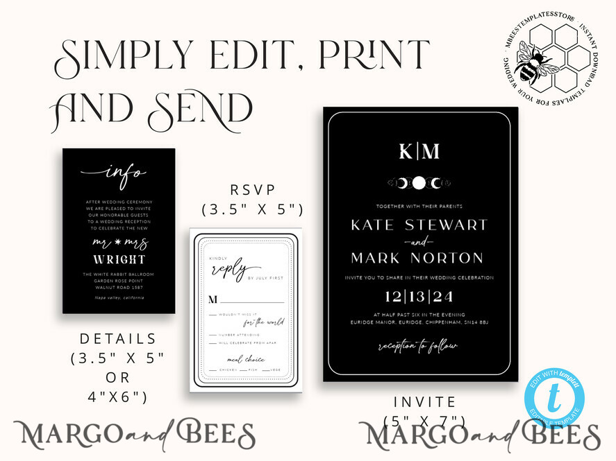 TEMPLETT wedding invitation download Black wedding invitation template, Instant download tarot Wedding Invites, Goth Wedding Invitation Printable Template, skeleton invites
