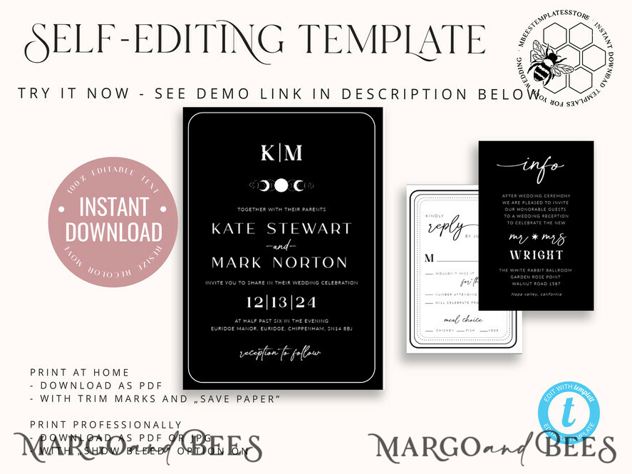 TEMPLETT wedding invitation download Black wedding invitation template, Instant download tarot Wedding Invites, Goth Wedding Invitation Printable Template, skeleton invites