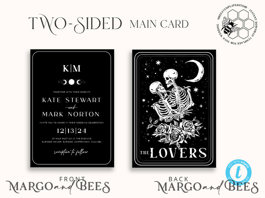 TEMPLETT wedding invitation download Black wedding invitation template, Instant download tarot Wedding Invites, Goth Wedding Invitation Printable Template, skeleton invites