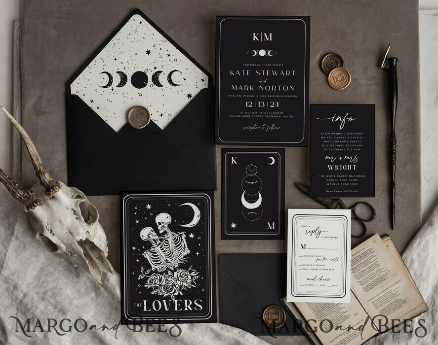 TEMPLETT wedding invitation download Black wedding invitation template, Instant download tarot Wedding Invites, Goth Wedding Invitation Printable Template, skeleton invites
