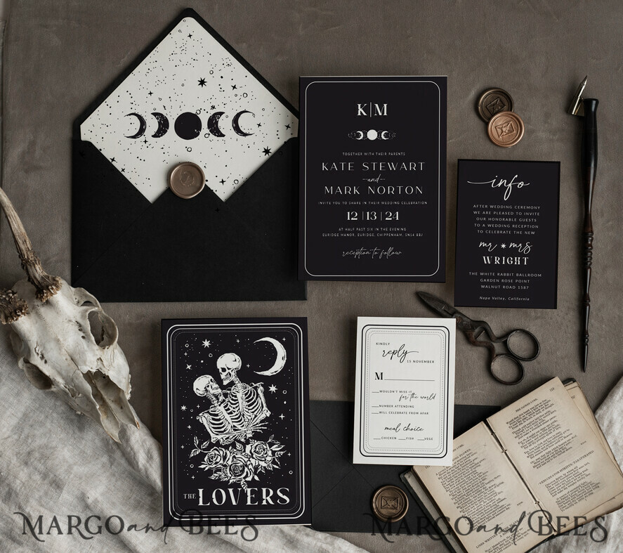 TEMPLETT wedding invitation download Black wedding invitation template, Instant download tarot Wedding Invites, Goth Wedding Invitation Printable Template, skeleton invites