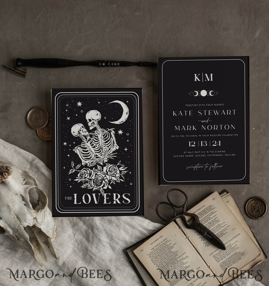 TEMPLETT wedding invitation download Black wedding invitation template, Instant download tarot Wedding Invites, Goth Wedding Invitation Printable Template, skeleton invites