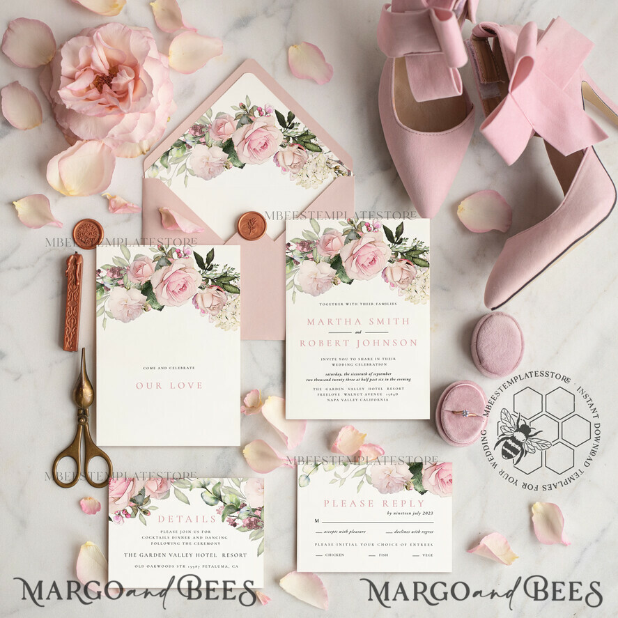 TEMPLETT wedding invitation download Elegant Blush wedding Invitation Template, Instant Download Printable Invites Home Printing, Pink roses Wedding Invitation Card Set Template