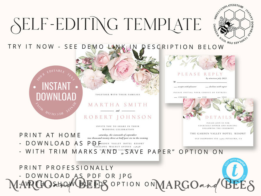 TEMPLETT wedding invitation download Elegant Blush wedding Invitation Template, Instant Download Printable Invites Home Printing, Pink roses Wedding Invitation Card Set Template