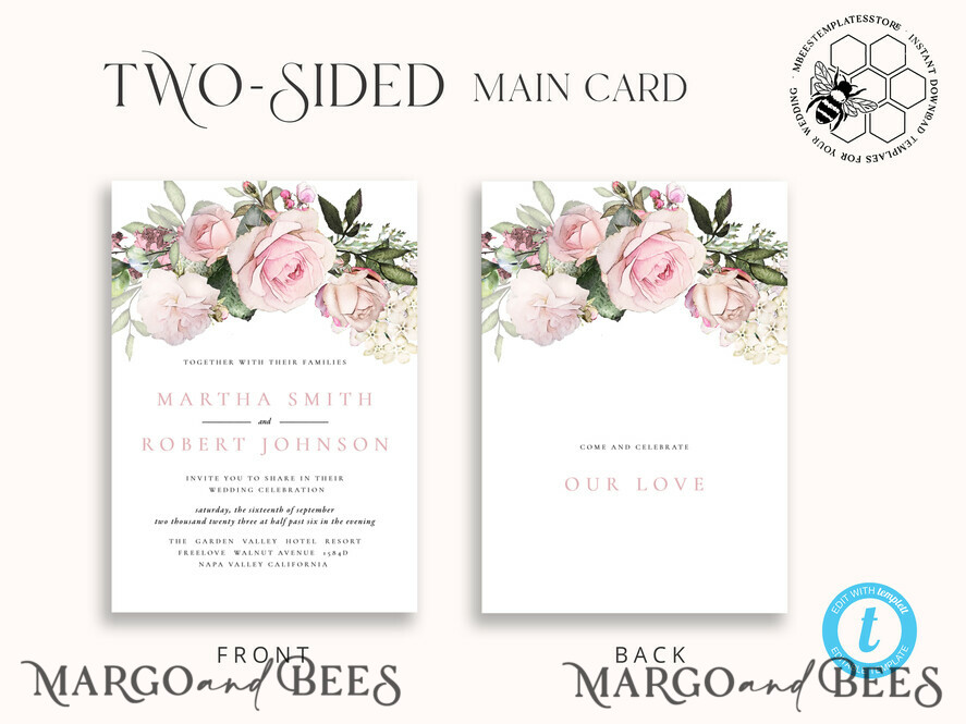 TEMPLETT wedding invitation download Elegant Blush wedding Invitation Template, Instant Download Printable Invites Home Printing, Pink roses Wedding Invitation Card Set Template