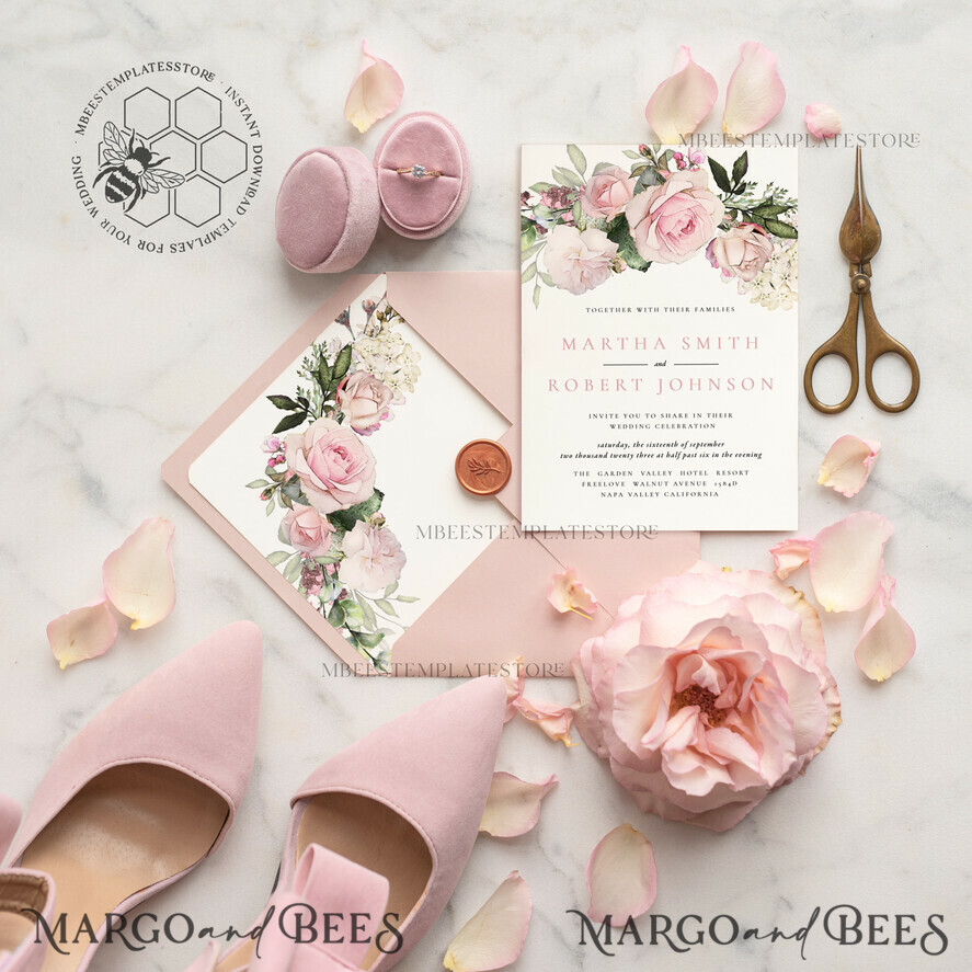 TEMPLETT wedding invitation download Elegant Blush wedding Invitation Template, Instant Download Printable Invites Home Printing, Pink roses Wedding Invitation Card Set Template