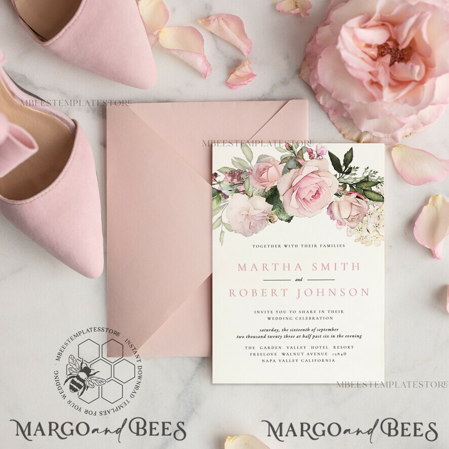 TEMPLETT wedding invitation download Elegant Blush wedding Invitation Template, Instant Download Printable Invites Home Printing, Pink roses Wedding Invitation Card Set Template
