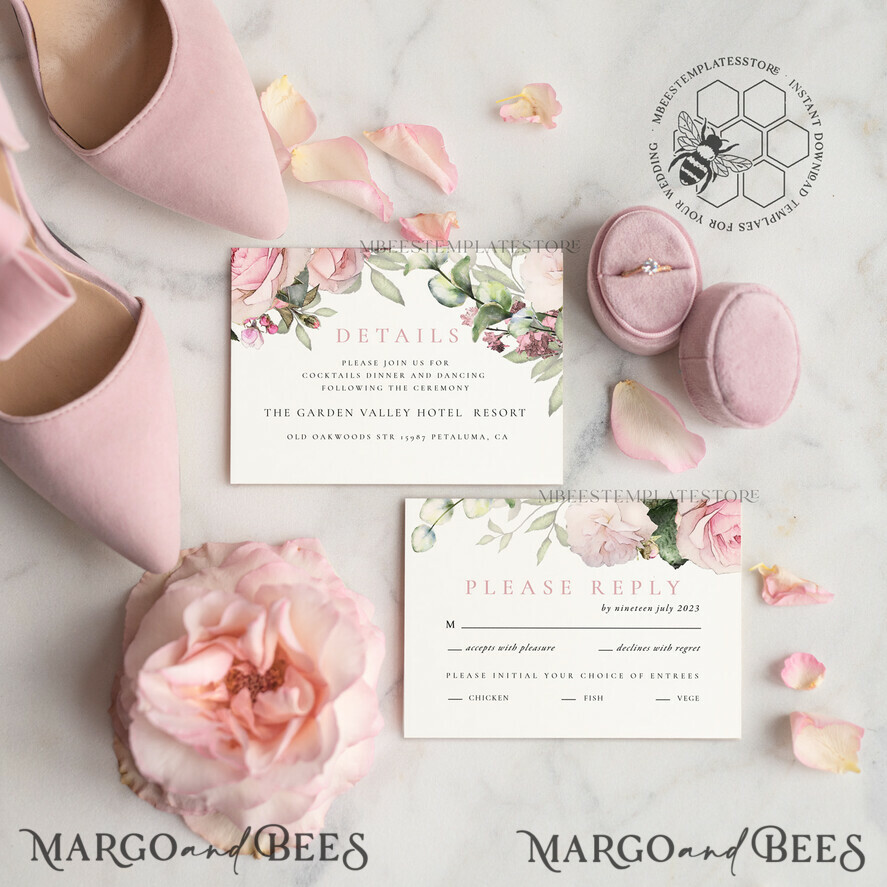 TEMPLETT wedding invitation download Elegant Blush wedding Invitation Template, Instant Download Printable Invites Home Printing, Pink roses Wedding Invitation Card Set Template