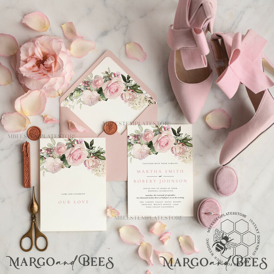TEMPLETT wedding invitation download Elegant Blush wedding Invitation Template, Instant Download Printable Invites Home Printing, Pink roses Wedding Invitation Card Set Template