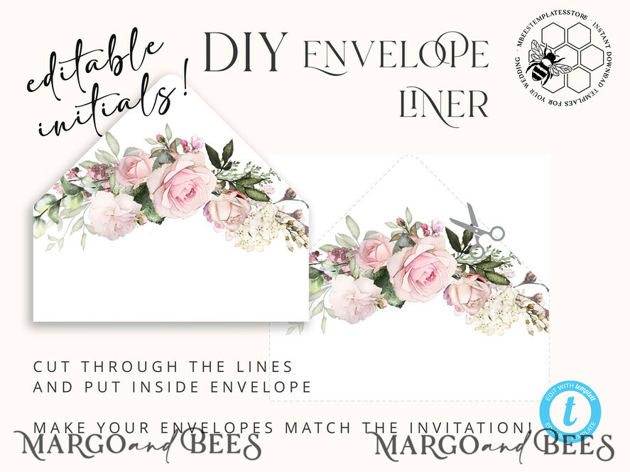 TEMPLETT wedding invitation download Elegant Blush wedding Invitation Template, Instant Download Printable Invites Home Printing, Pink roses Wedding Invitation Card Set Template