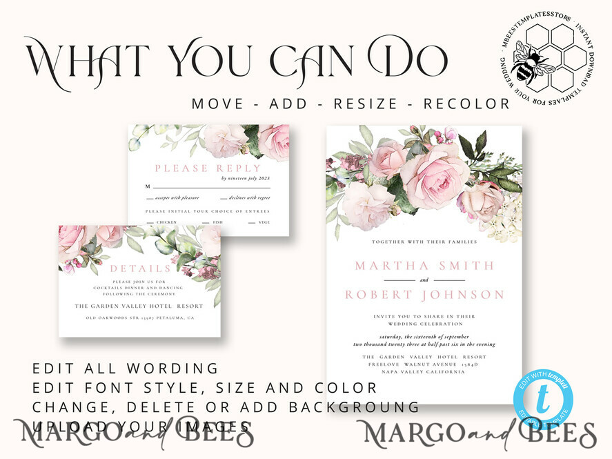 TEMPLETT wedding invitation download Elegant Blush wedding Invitation Template, Instant Download Printable Invites Home Printing, Pink roses Wedding Invitation Card Set Template