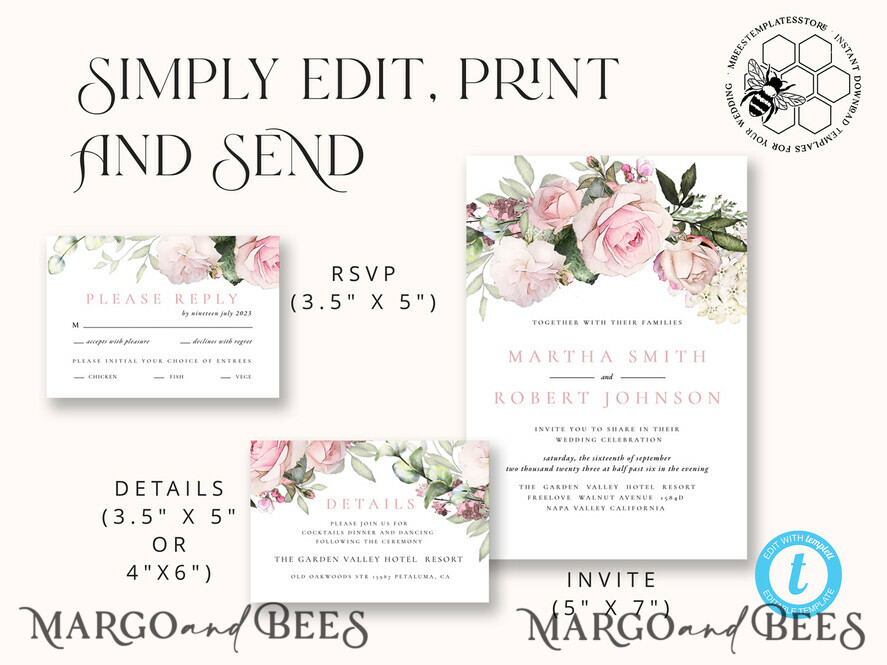 TEMPLETT wedding invitation download Elegant Blush wedding Invitation Template, Instant Download Printable Invites Home Printing, Pink roses Wedding Invitation Card Set Template