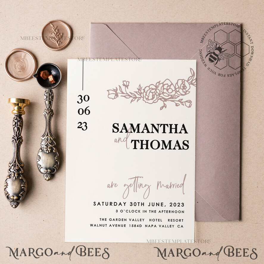 TEMPLETT wedding invitation download Minimalist wedding invitation template Instant download, Printable Invites For Home Printing, Beige wedding invitation Set template