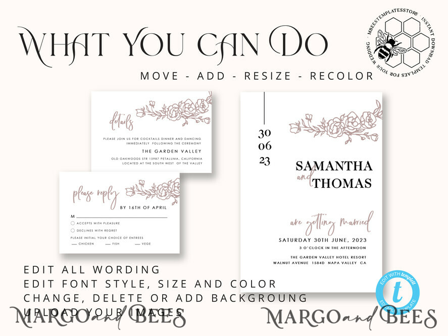 TEMPLETT wedding invitation download Minimalist wedding invitation template Instant download, Printable Invites For Home Printing, Beige wedding invitation Set template