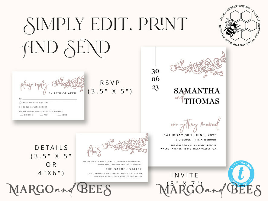TEMPLETT wedding invitation download Minimalist wedding invitation template Instant download, Printable Invites For Home Printing, Beige wedding invitation Set template