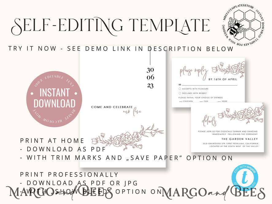 TEMPLETT wedding invitation download Minimalist wedding invitation template Instant download, Printable Invites For Home Printing, Beige wedding invitation Set template