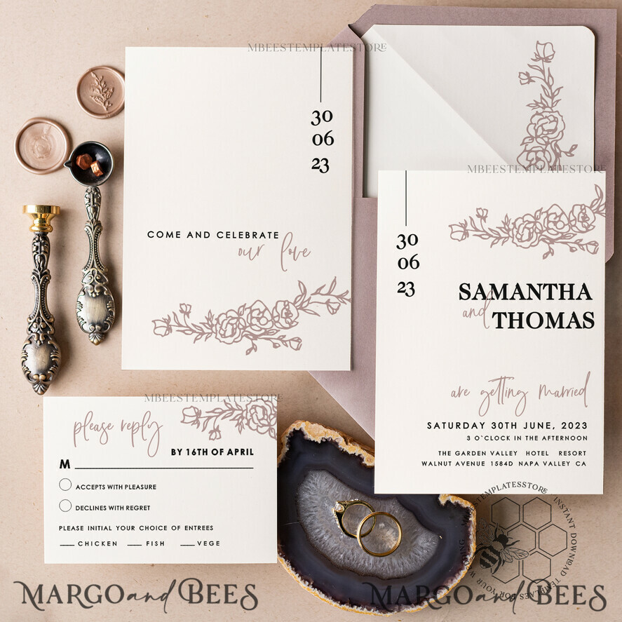 TEMPLETT wedding invitation download Minimalist wedding invitation template Instant download, Printable Invites For Home Printing, Beige wedding invitation Set template